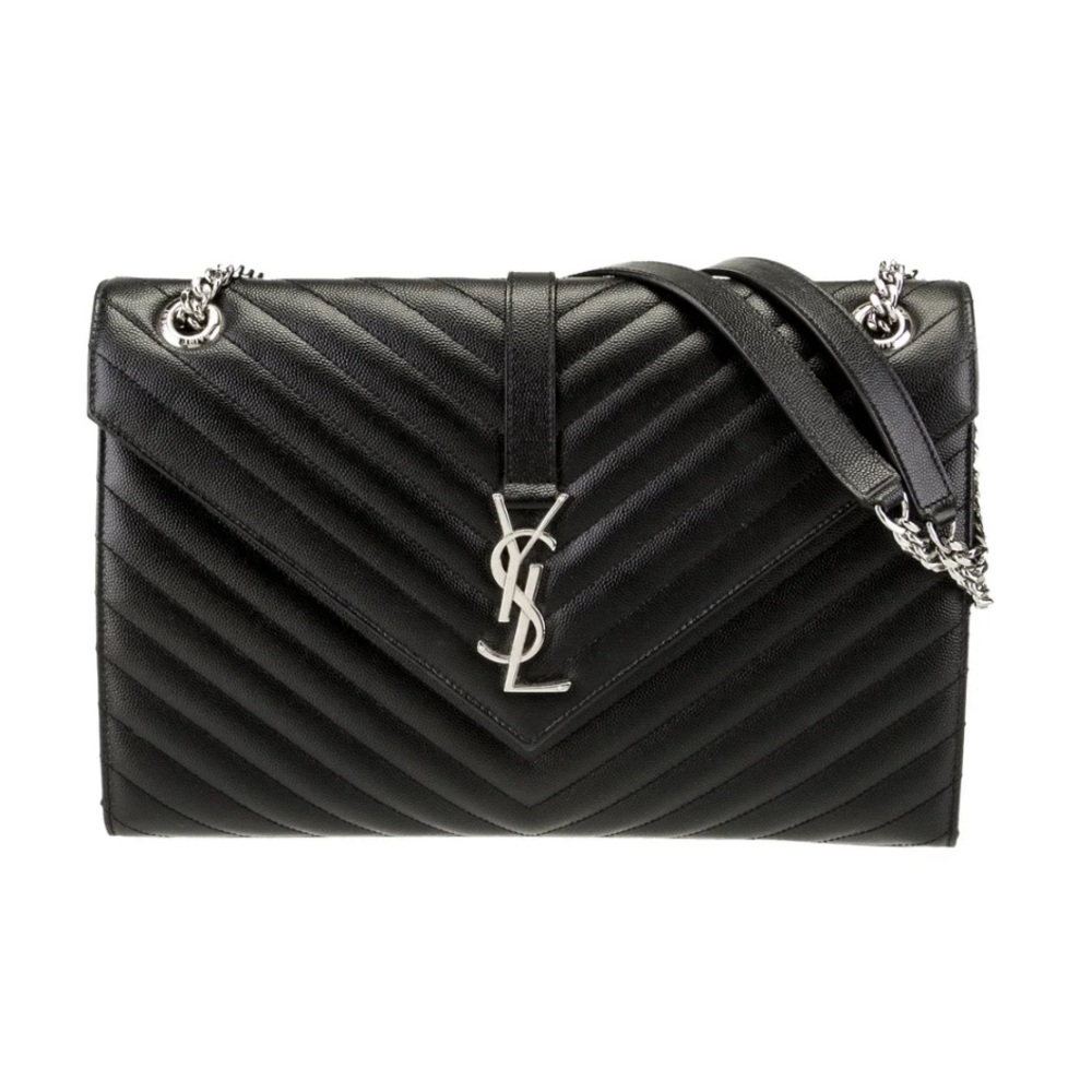 Saint Laurent Black Shoulder Bag YSL Grain De Poudre Matelasse Chevron Large